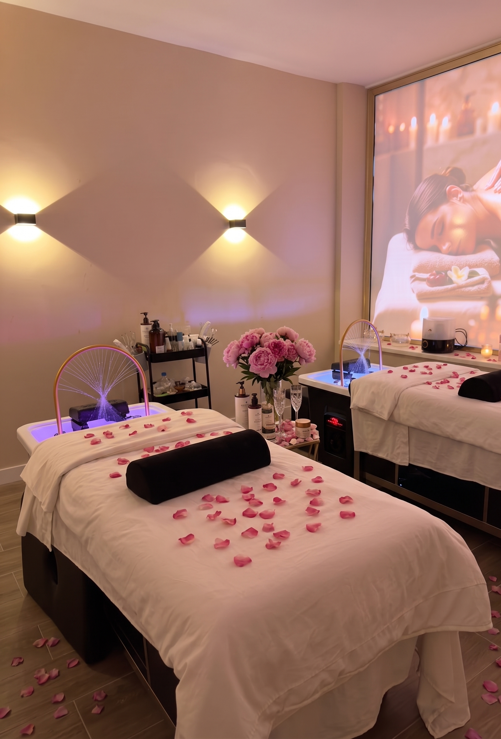 Day Spa SILENCIUM — Día de la Madre, cabina decorada con pétalos y peonías